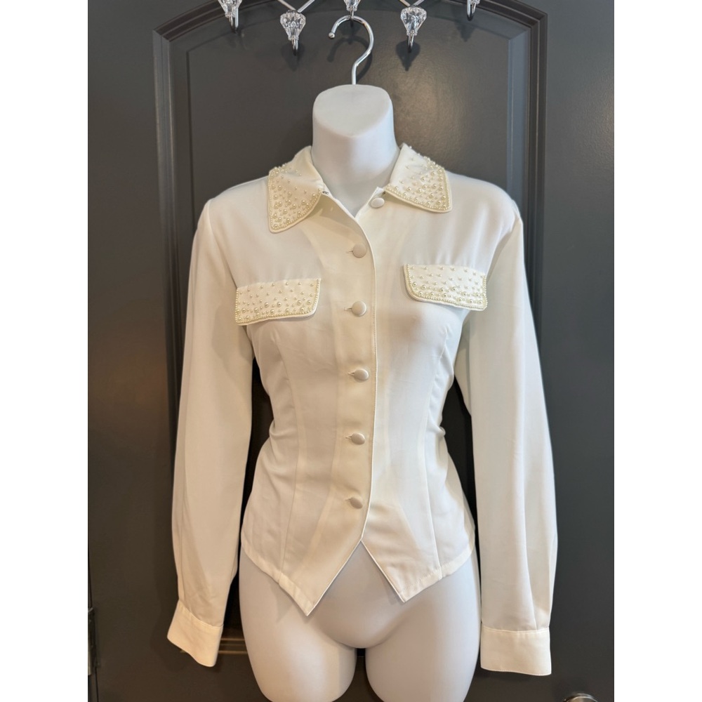 Vintage Tess Petite Elegant white Blouse with Embellished Details